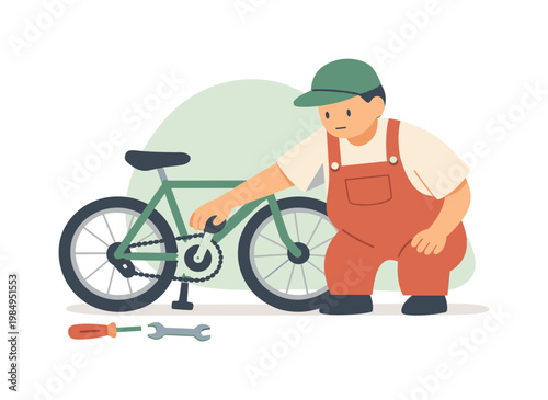 Calm Mechanic’s Check. Calm mechanic rotates pedals to check a bike chain while the bicycle remains stable and the area stays