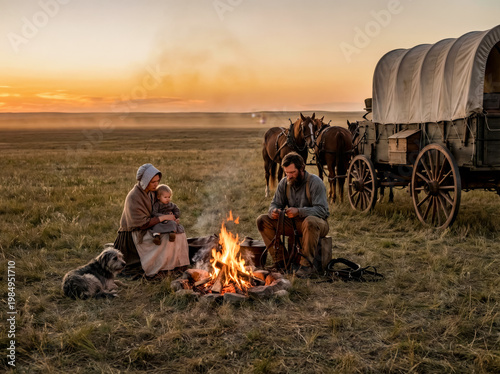 Pioneer family with young child rests by campfire near covered wagon on open prairie.