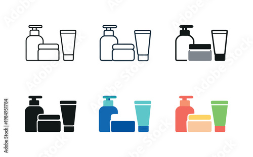 Cosmetic Product Icons. Personal care and cosmetic product illustration depicting jars, bottles, and tubes for beauty routines,
