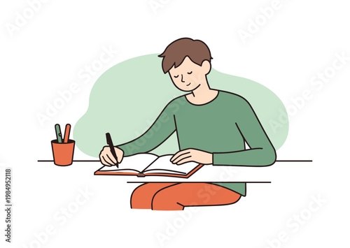 Gentle person journals at a desk as ink flows evenly and posture relaxes in a quiet personal moment  scene of person journaling