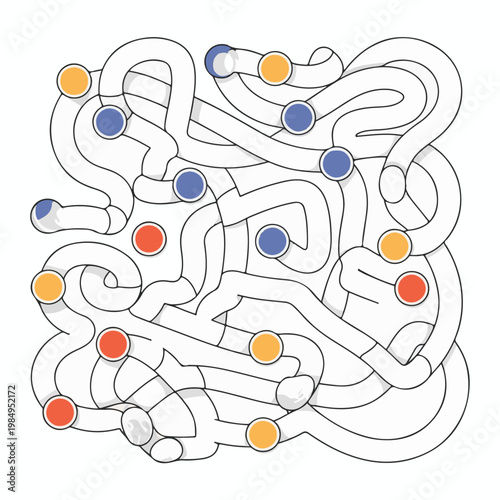 Abstract Maze Puzzle Game with Paths and Colored Dots, Brain Teaser Labyrinth Vector Illustration