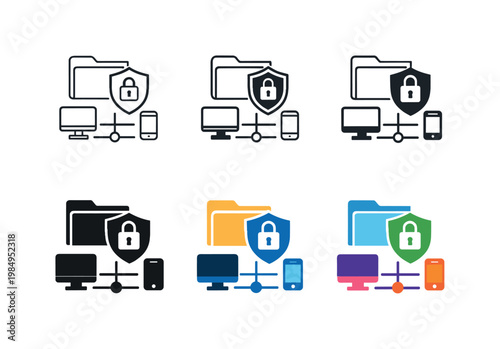 Encrypted file sharing icon showing a folder, shield, and network devices arranged to represent secure information exchange,