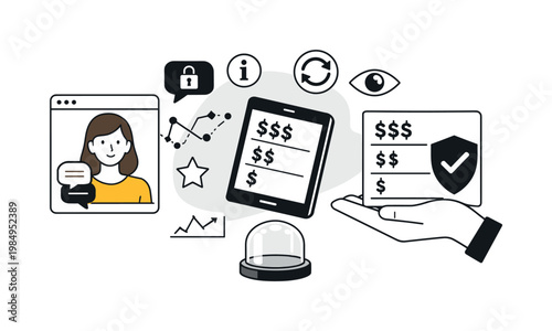 Modern minimal flat vector conceptual collage, crisp hard edges, consistent THIN outline stroke, rounded corners where needed,