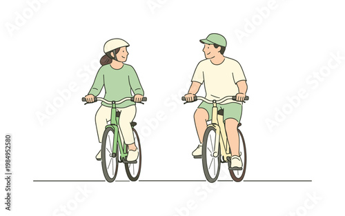 Couple riding bicycles together during a slow morning ride, bodies upright and moving in sync, minimalist flat vector