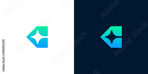 Modern abstract geometric logo design with a sparkling diamond shape in blue and green gradient on white and dark backgrounds