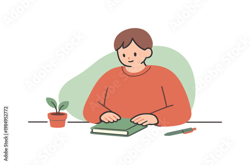 Planning Routine Finished. Bright workspace scene shows a person finishing reviewing a planner, closing it gently as plans feel