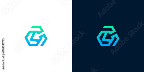 Abstract hexagon logo with repeating arrows forming a circular motion on a white and dark background, representing recycling or continuous improvement