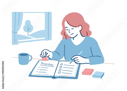 Woman arranging priorities in daily planner near window, relaxed body language and focused attention emphasizing mindful planning