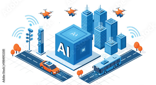 Futuristic digital cityscape with technology, smart transportation, and connected infrastructure in a modern urban