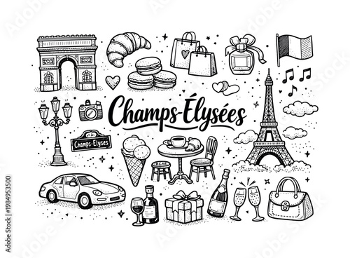 Champs-Élysées iconic icons, hand drawn doodle elements set, center hand-lettered title, black & white vector line art, bold