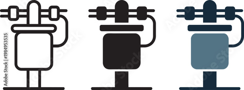 Three variations of a coffee grinder icon in outline, solid black, and blue colors