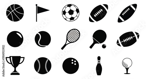 Collection of various sports equipment and balls including soccer, tennis, baseball, and basketball for sports