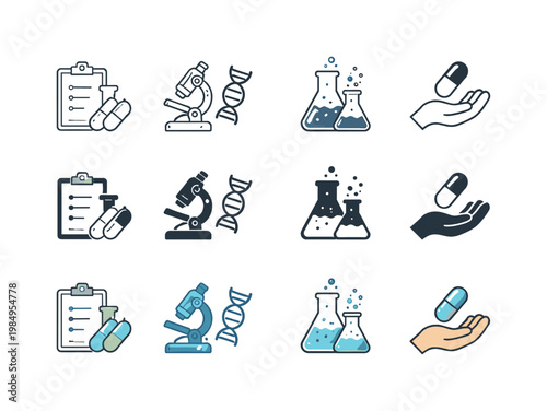Icon object one representing the first drug research element, icon object two representing the second, icon object three