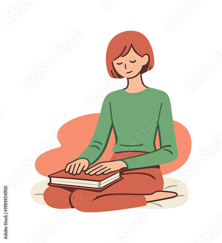 Warm person closes a book slowly on their lap, fingers pressing the cover flat while sitting comfortably in a quiet room  scene