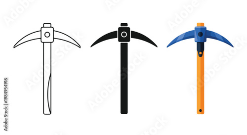 Three different types of climbing axes or ice tools with metal picks and ergonomic handles for mountaineering and ice