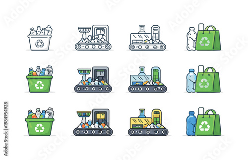 Icon object one representing the first recycling process element, icon object two representing the second, icon object three