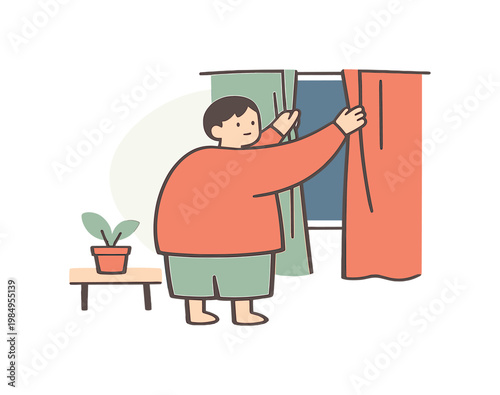 Calm person pulls curtains together by a window, soft evening light fading as the room becomes private and calm indoors now home!