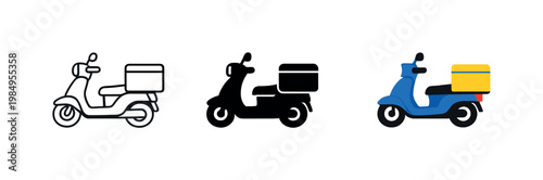 Neighborhood delivery scene featuring a compact electric scooter carrying a rear-mounted cargo box, identical silhouette repeated