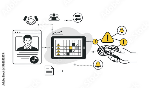 Modern minimal flat vector conceptual collage, crisp hard edges, consistent THIN outline stroke, rounded corners where needed,