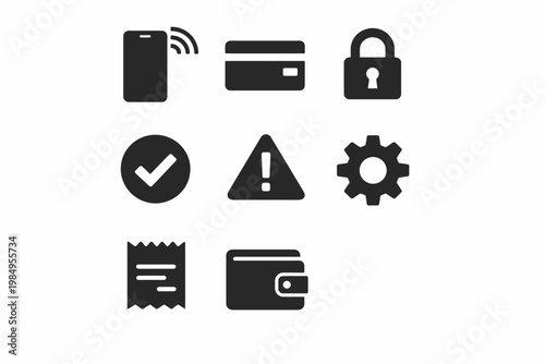 Black and white payment and security icon set featuring phone, card, and lock symbols