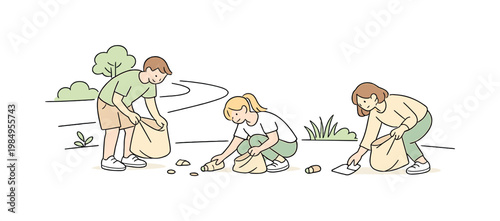 Friends cleaning public park near a path, bending slightly and picking up small items cooperatively, minimalist flat vector