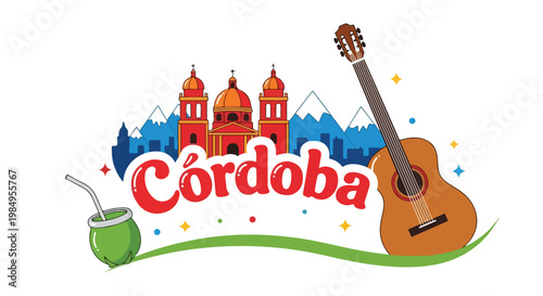 Colorful illustration of the cityscape and landmarks of Córdoba with a guitar and traditional elements