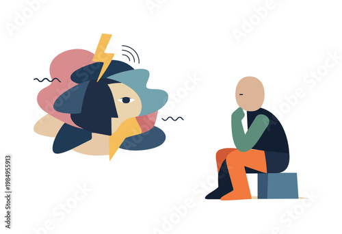 Individual encountering overlapping abstract layers that complicate self-observation, introducing internal noise. Stylized