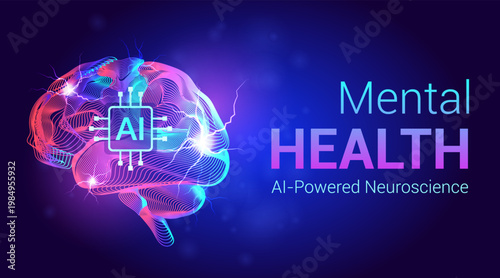 Futuristic Neon AI Brain Vector Illustration for Mental Health and AI-Powered Neuroscience on Abstract Dark Background