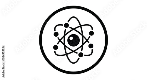 Atomic structure illustration within a circular frame a striking black silhouette