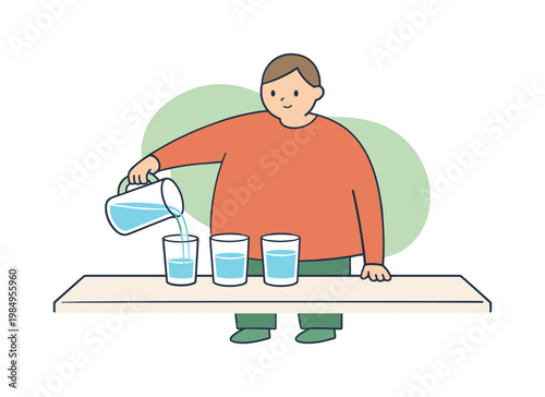 Serene Water Pouring. Quiet person pours water into glasses on a table, tilting the pitcher slowly as levels rise evenly  scene
