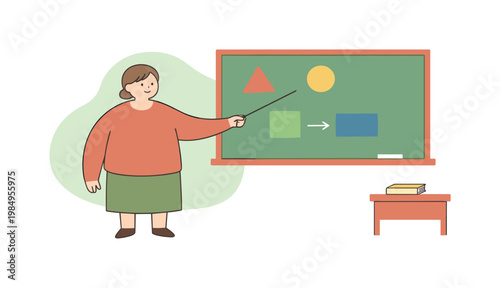 Quiet teacher explains a lesson on a board as simple shapes appear and students are implied by open space  scene of teacher