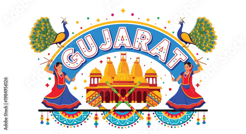 Colorful Gujarat festival celebration banner featuring traditional motifs and vibrant decorative elements