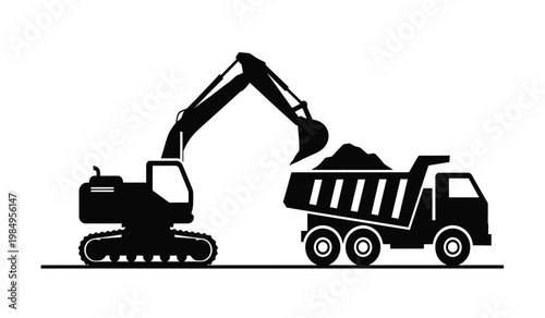 A stark black silhouette depicts a heavy duty excavator actively dumping a load into a large dump truck silhouette high quality professional detailed modern