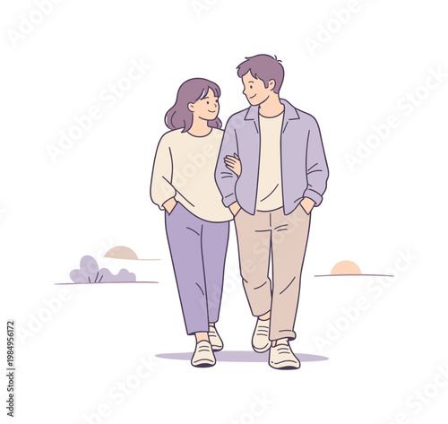 Man woman weekend walk in early evening calm, relaxed body language and quiet connection while walking together, minimalist flat