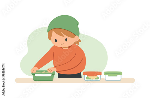 Child Organizes Leftovers. Warm child puts leftovers away at the counter, closing lids slowly and lining containers in a neat row