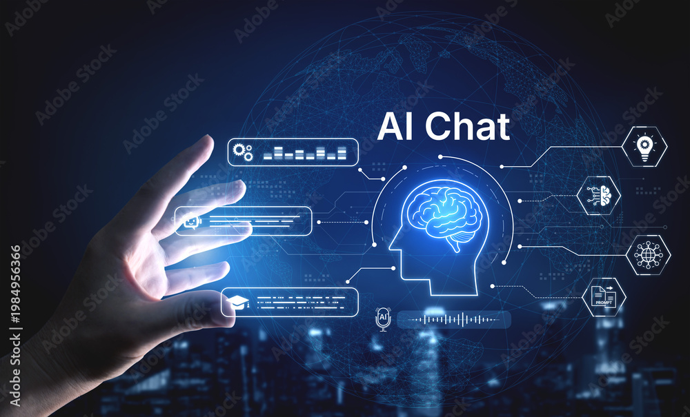 Obraz premium AI chatbot interface for customer support and automated messaging. Chatbot conversation, automation, analytics, AI user experience for modern digital business optimization service. Corpus