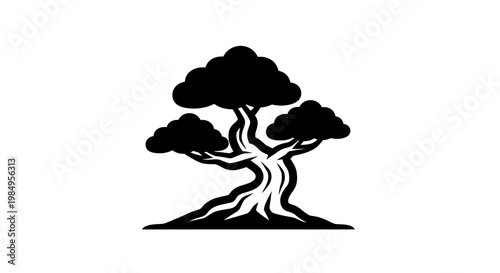 Black silhouette of a tree with roots.