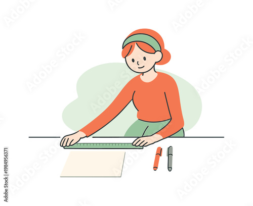 Organized Workspace Scene. Warm person places a ruler neatly on a desk, aligning it beside paper and pens in a calm, uncluttered