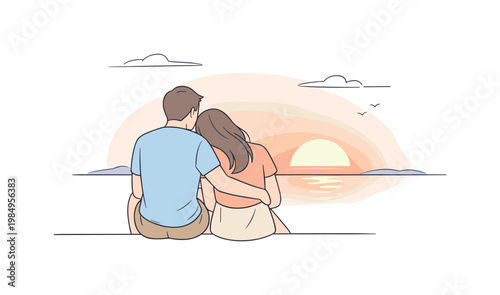 Partners enjoying peaceful sunset moment together, gentle body language and subtle connection suggesting shared silence,