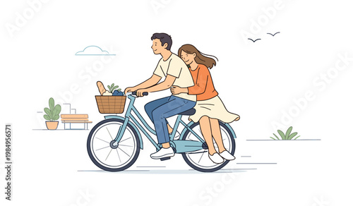 Tranquil Ride Together. Couple savoring relaxed ride during daily routine, balanced composition with open space and gentle motion