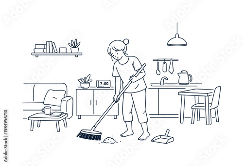 Minimalist Apartment Cleaning. Woman maintaining tidy small apartment during slow routine, sweeping floor in compact room with