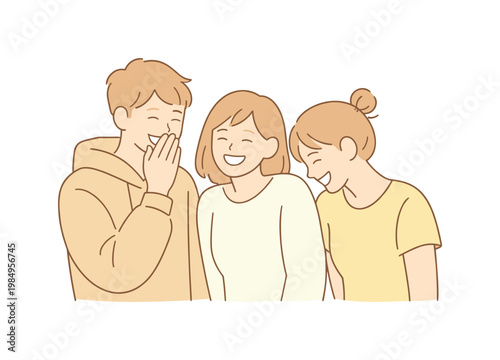 Joyful Friends' Moment. Friends smiling funny situation while standing close and laughing softly at a small shared moment,