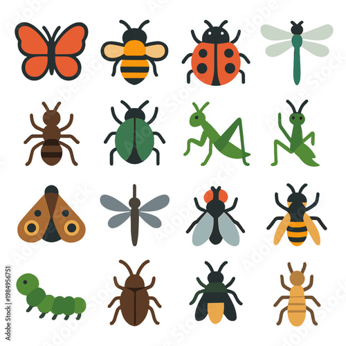 Collection of colorful, stylized insects and bugs in a grid layout on a white background