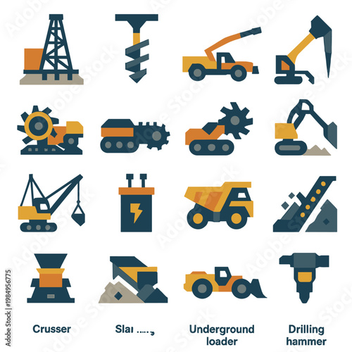 Collection of industrial construction and mining heavy machinery icons in flat design style