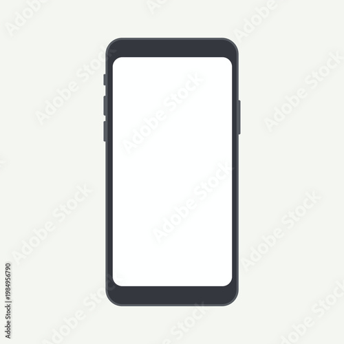 A sleek black smartphone with a blank white screen on a plain background