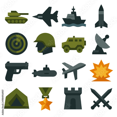 Collection of military and defense icons including vehicles, weapons, and symbols