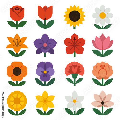 Collection of stylized, colorful flowers in a grid pattern on a white background