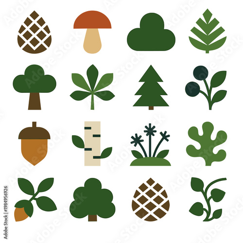 Collection of stylized natural elements and forest icons in a flat design style