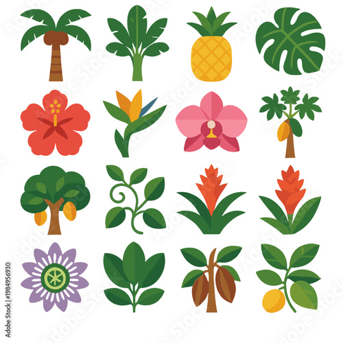 Collection of tropical plants and fruits in a flat design style