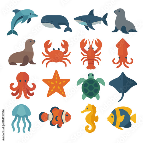 Collection of stylized marine animals and sea creatures in a flat design style